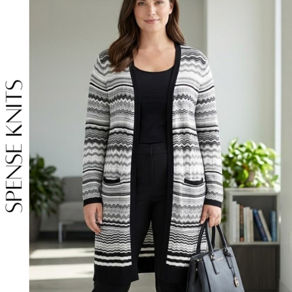 SPENSE KNITS Gray Black White Pointelle Duster Cardigan M/L Geometric Stripe